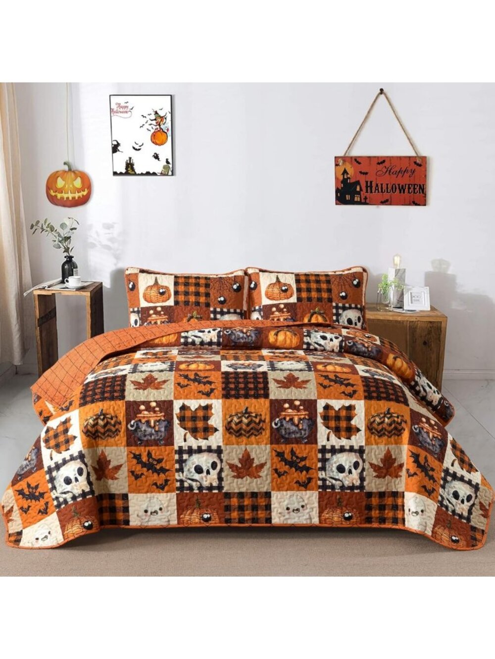 Orange Halloween Queen Quilt Bedding Set - Cartoon Plaid Bedspread for Cozy
